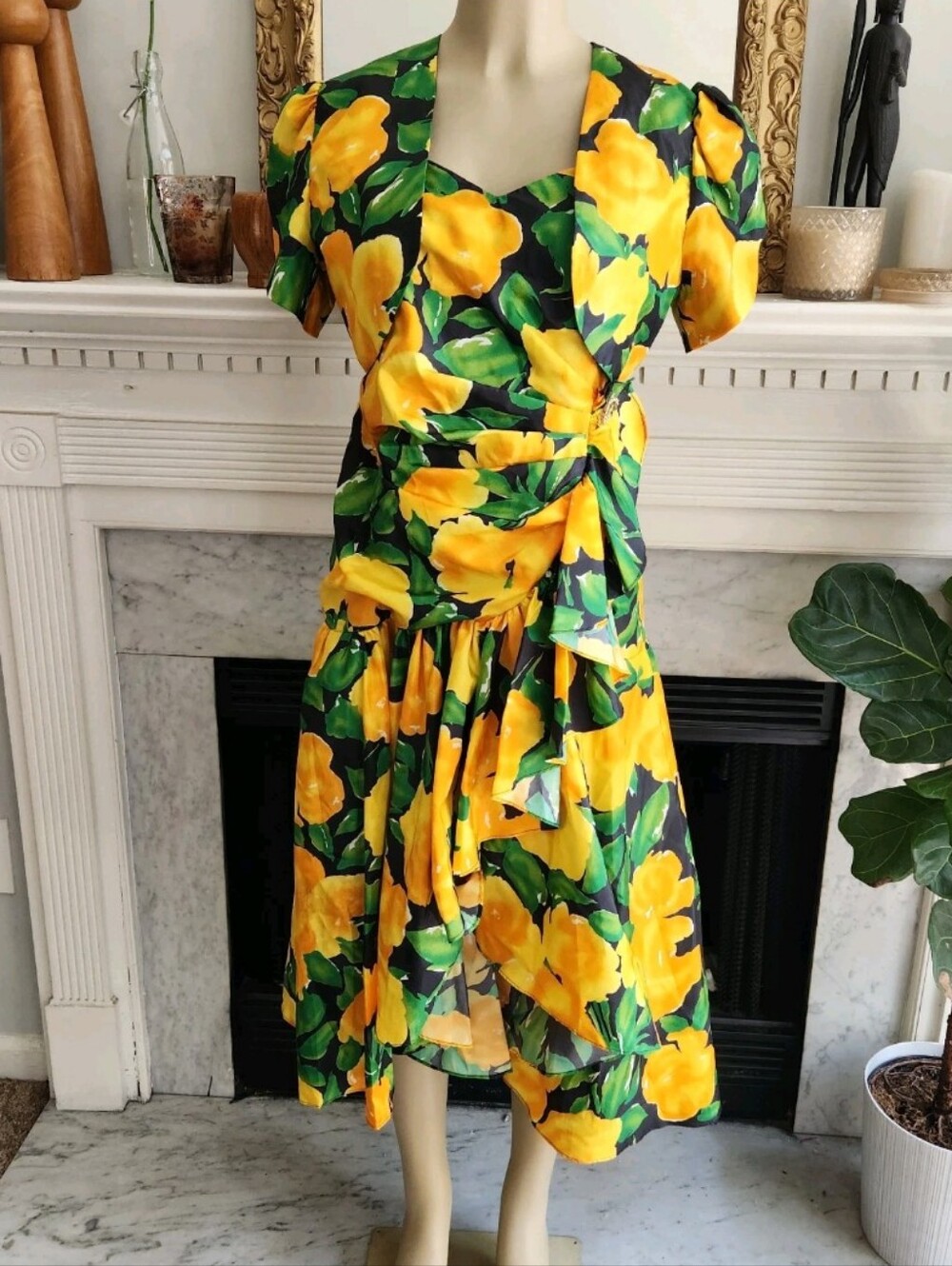 Vintage 90s Yellow Floral Dress Set Size 8 Taffeta Ruffle Bolero Resort Vacation - Picture 10 of 14